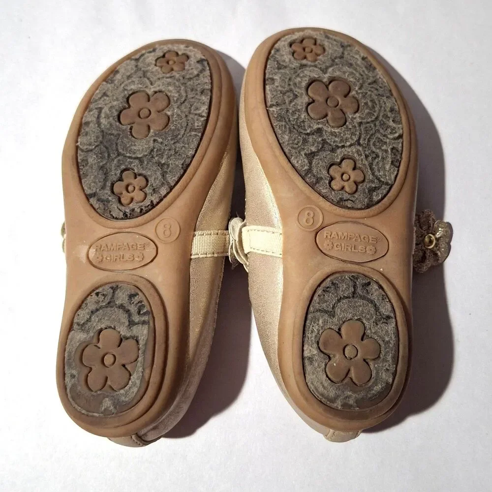 Rampage Girls Gold Ballet Flats Sparkly Glitter Dress Shoes Flower Strap Size 8M